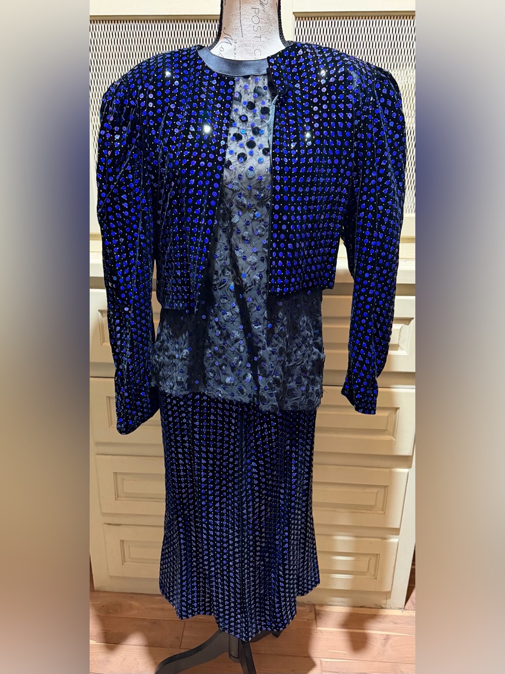 VTG Escada Margaretha Ley 3 Pc Velvet Sequin Skirt Set Jacket Blouse 38 40